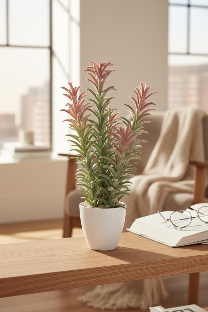 Yapay Kaktüs Ağacı Pembe Yeşil Renk - Beyaz Saksıda Yapay Bitki 55*25cm