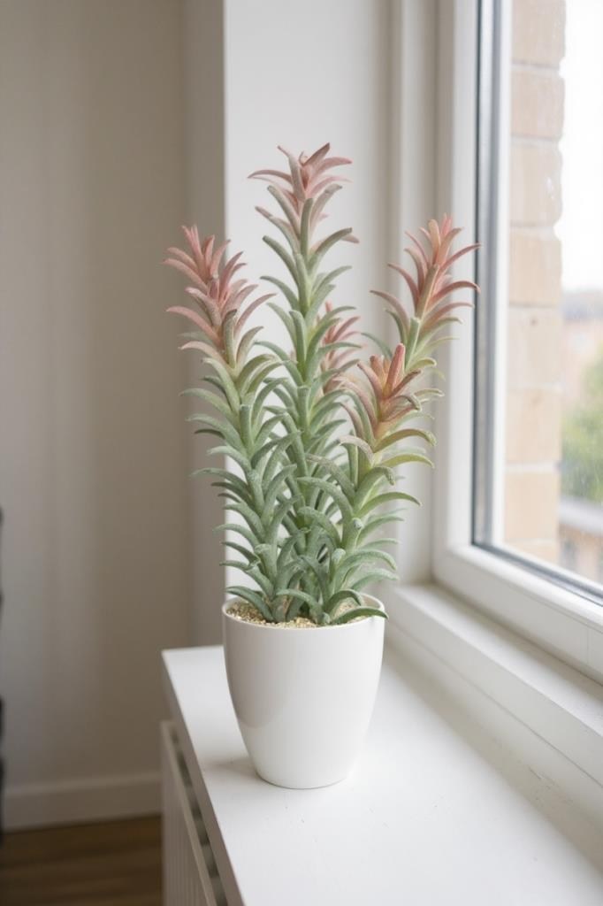 Yapay Kaktüs Ağacı Pembe Yeşil Renk - Beyaz Saksıda Yapay Bitki 55*25cm