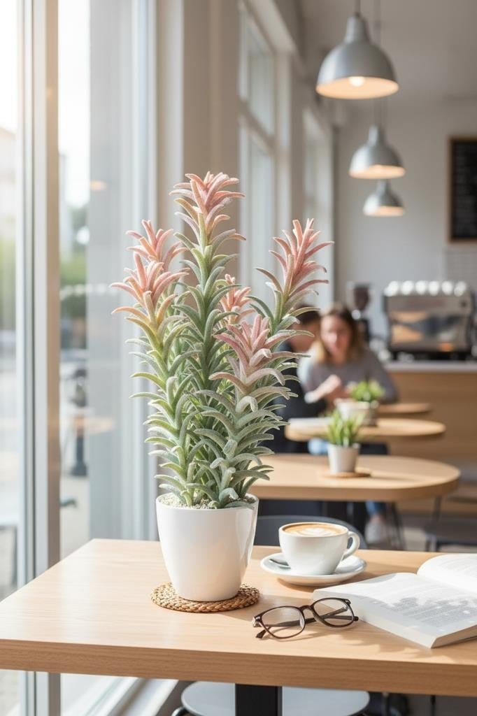 Yapay Kaktüs Ağacı Pembe Yeşil Renk - Beyaz Saksıda Yapay Bitki 55*25cm