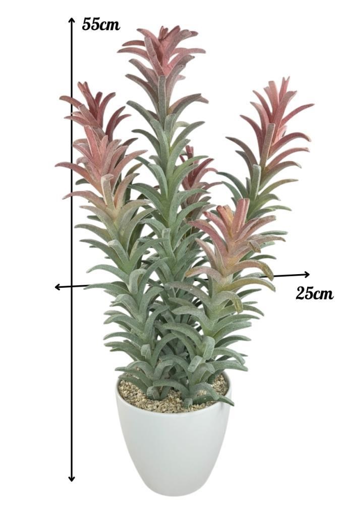 Yapay Kaktüs Ağacı Pembe Yeşil Renk - Beyaz Saksıda Yapay Bitki 55*25cm