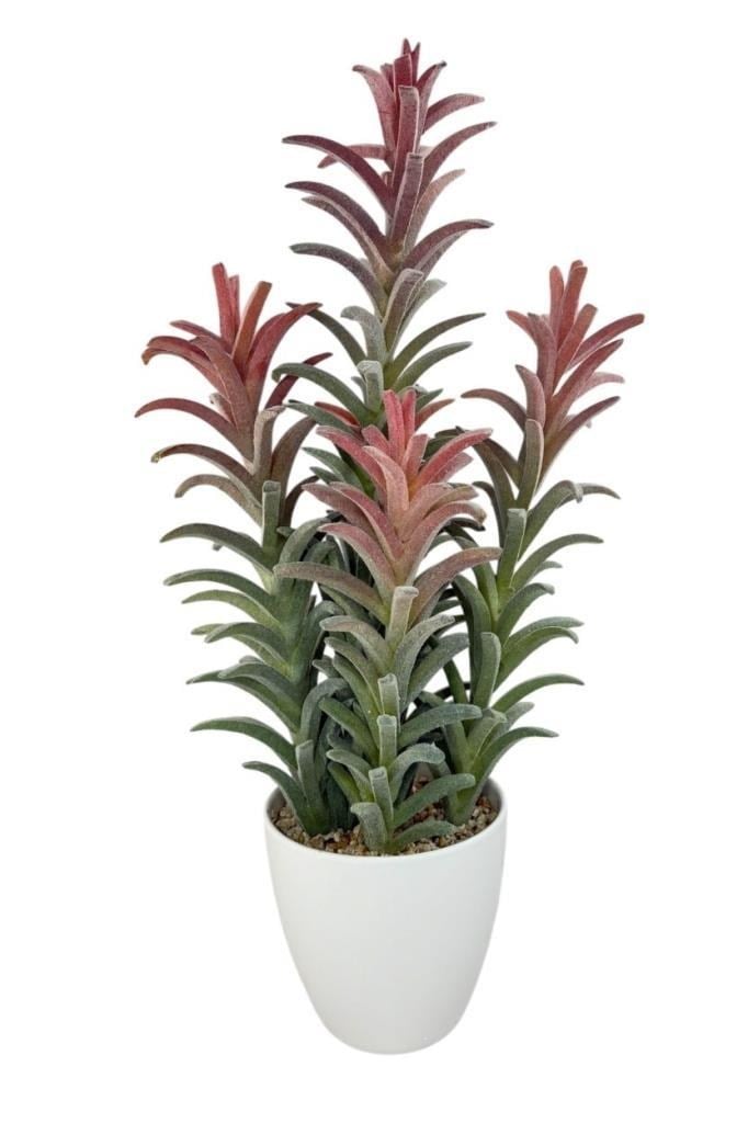 Yapay Kaktüs Ağacı Pembe Yeşil Renk - Beyaz Saksıda Yapay Bitki 55*25cm
