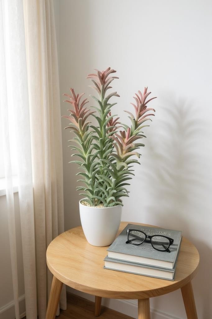 Yapay Kaktüs Ağacı Pembe Yeşil Renk - Beyaz Saksıda Yapay Bitki 55*25cm