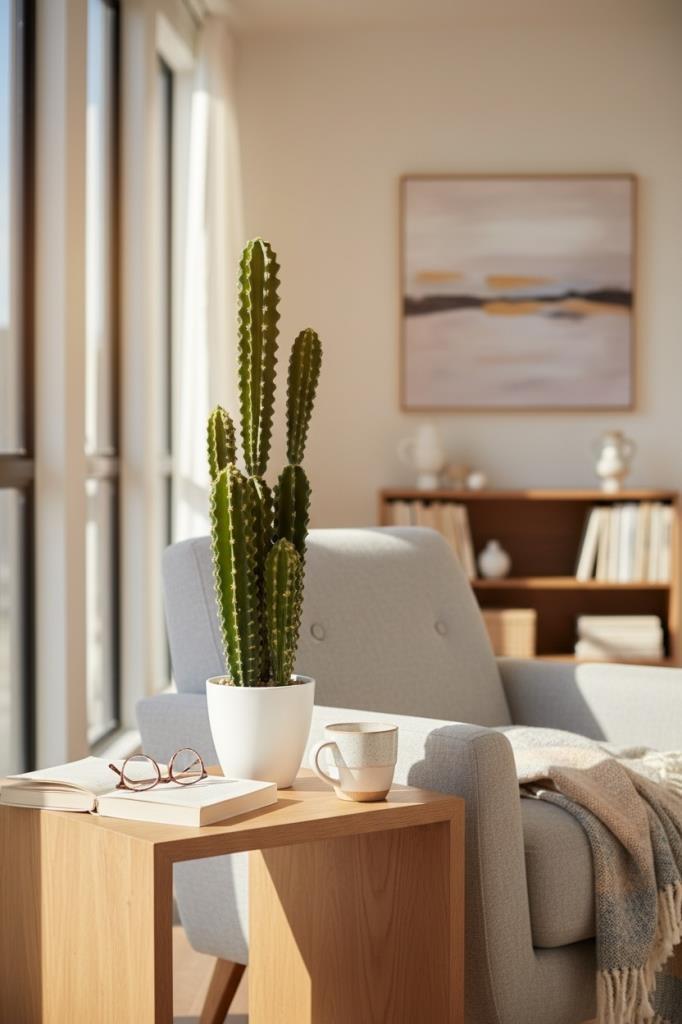 Yapay Kaktüs Ağacı Sütun Kaktüsü (Cereus peruvianus) - Beyaz Saksıda Yapay Bitki 70*20cm