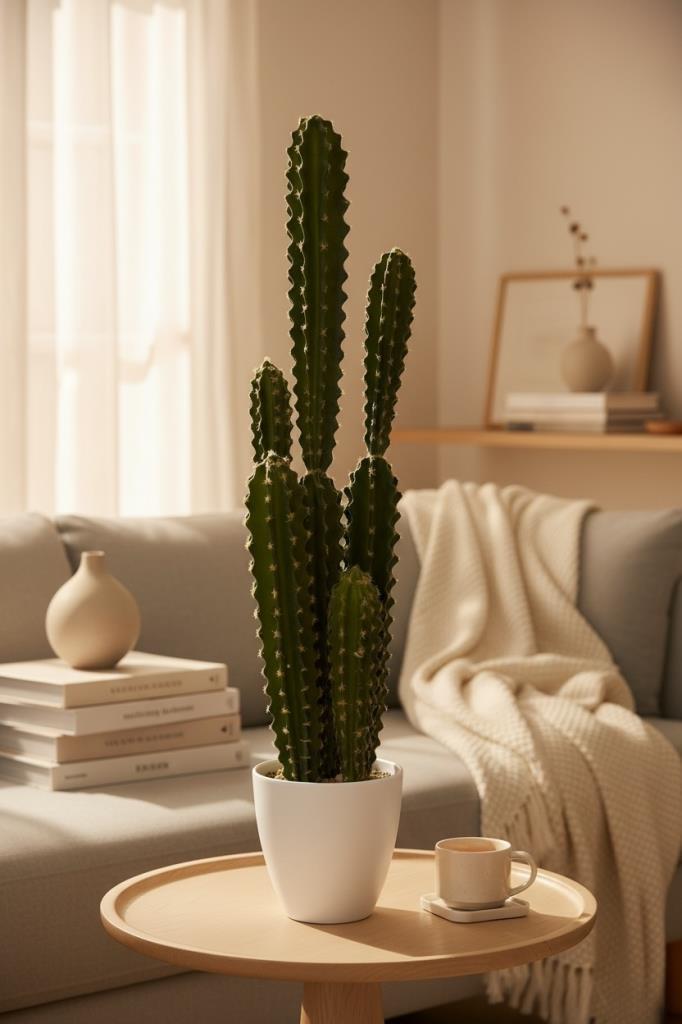 Yapay Kaktüs Ağacı Sütun Kaktüsü (Cereus peruvianus) - Beyaz Saksıda Yapay Bitki 70*20cm
