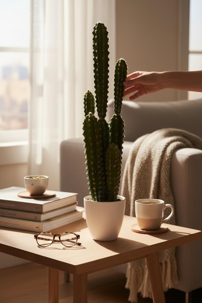 Yapay Kaktüs Ağacı Sütun Kaktüsü (Cereus peruvianus) - Beyaz Saksıda Yapay Bitki 70*20cm