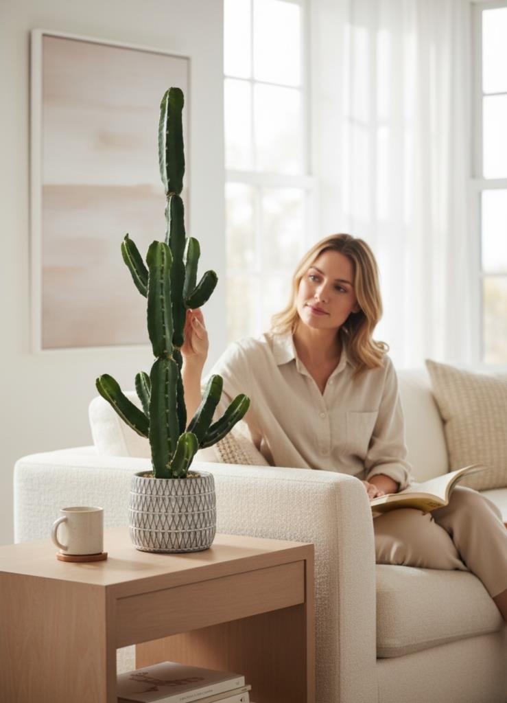 Yapay Kaktüs Euphorbia İngens Şamdan Ağacı Beton Saksıda Yapay Bitki 70cm