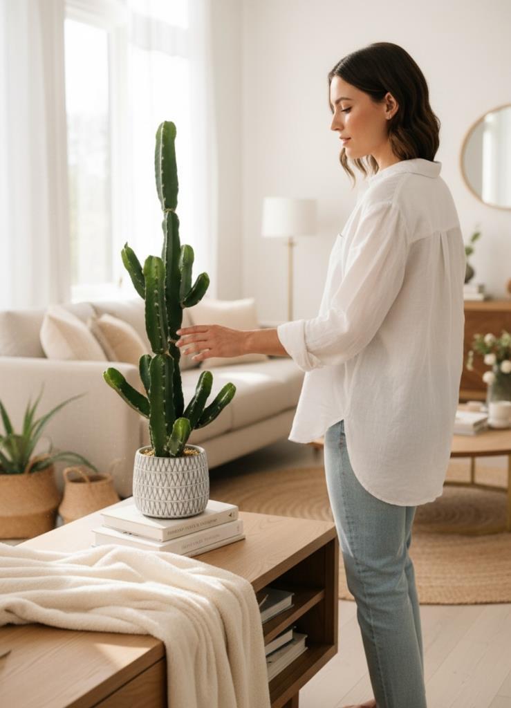 Yapay Kaktüs Euphorbia İngens Şamdan Ağacı Beton Saksıda Yapay Bitki 70cm