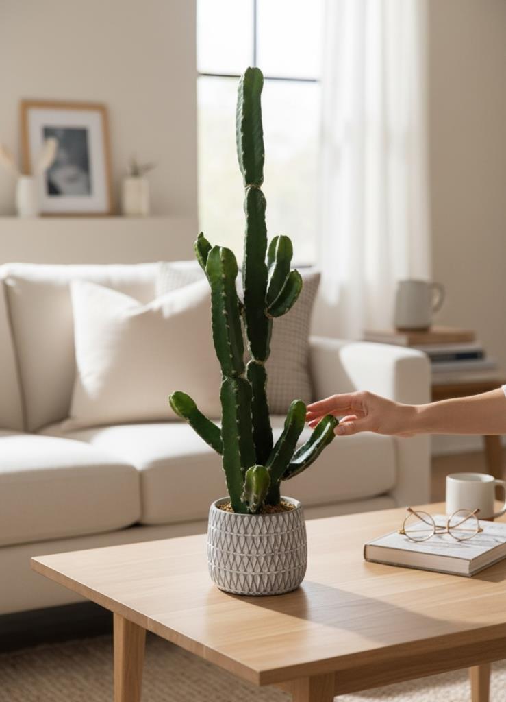 Yapay Kaktüs Euphorbia İngens Şamdan Ağacı Beton Saksıda Yapay Bitki 70cm