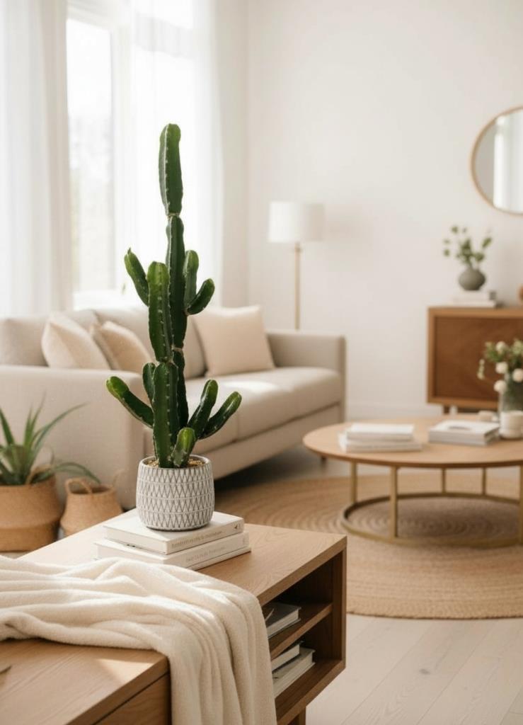 Yapay Kaktüs Euphorbia İngens Şamdan Ağacı Beton Saksıda Yapay Bitki 70cm