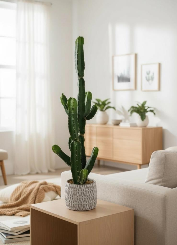 Yapay Kaktüs Euphorbia İngens Şamdan Ağacı Beton Saksıda Yapay Bitki 70cm