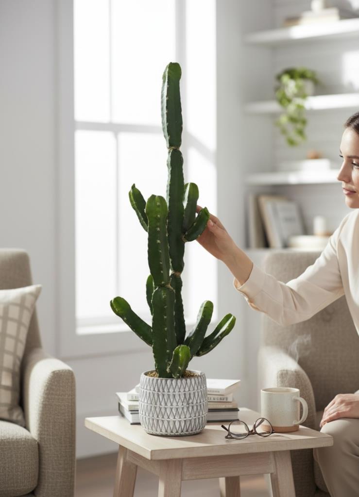 Yapay Kaktüs Euphorbia İngens Şamdan Ağacı Beton Saksıda Yapay Bitki 70cm