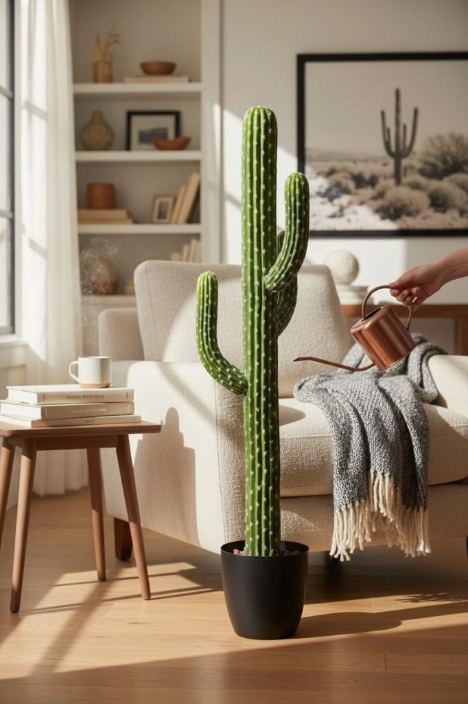 Yapay Kaktüs Kaktüs Ağacı 4Kollu Yapay Çiçek Siyah Saksıda 115cm 