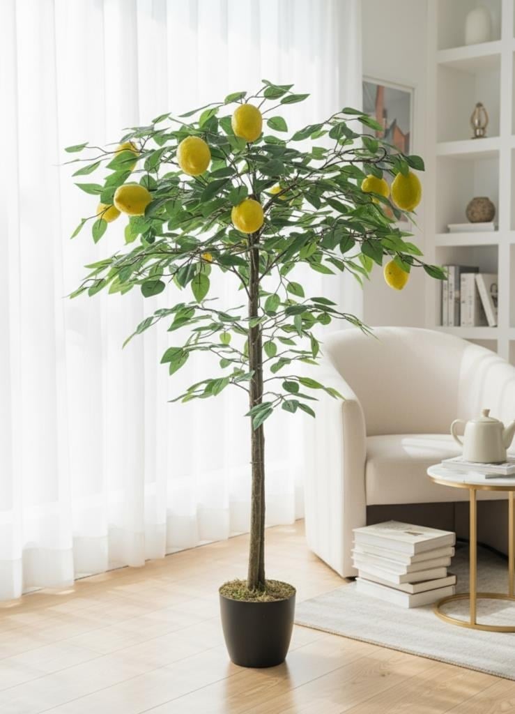 Yapay Limon Ağacı 100cm 12 Limonlu Doğal Görünümlü Siyah Plastik Saksılı Yapay Ağaç