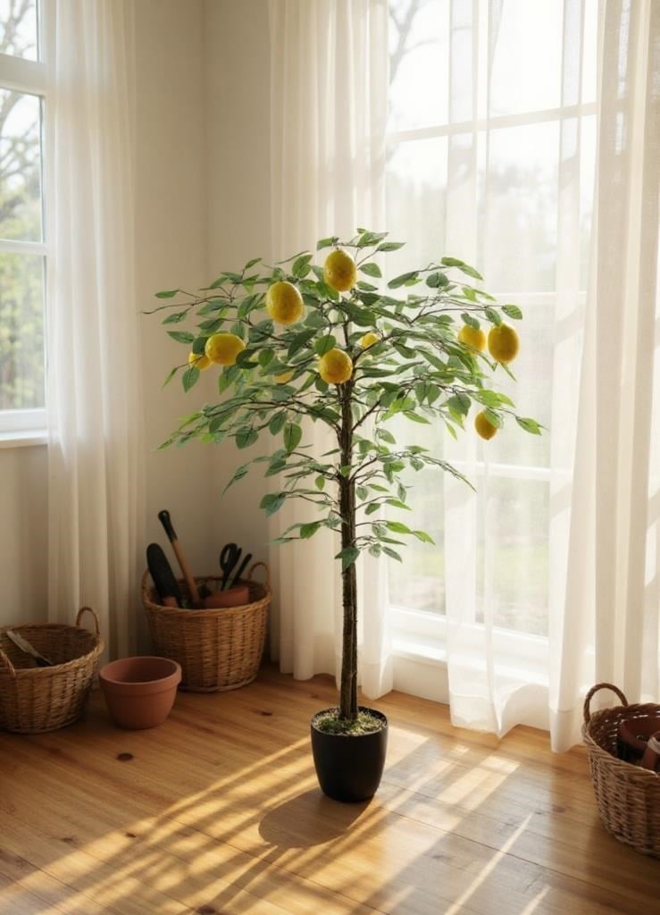 Yapay Limon Ağacı 100cm 12 Limonlu Doğal Görünümlü Siyah Plastik Saksılı Yapay Ağaç