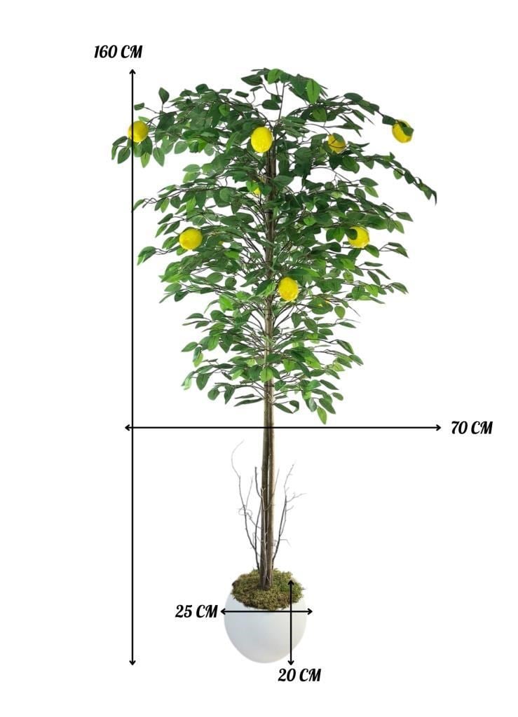 Yapay Limon Ağacı 160cm 10 Limonlu Doğal Görünümlü Beyaz Küre Plastik Saksılı Yapay Ağaç