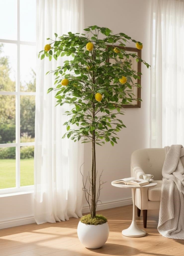 Yapay Limon Ağacı 160cm 10 Limonlu Doğal Görünümlü Beyaz Küre Plastik Saksılı Yapay Ağaç