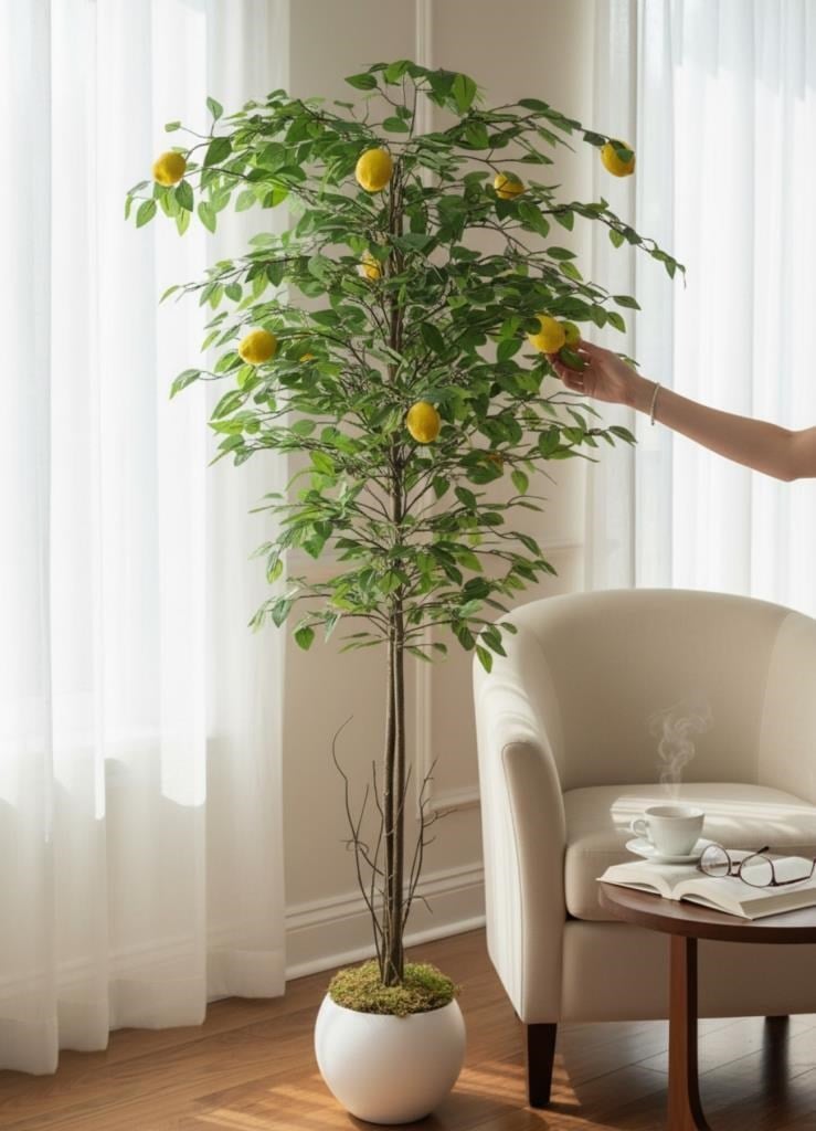 Yapay Limon Ağacı 160cm 10 Limonlu Doğal Görünümlü Beyaz Küre Plastik Saksılı Yapay Ağaç