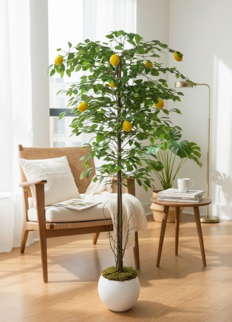 Yapay Limon Ağacı 160cm 10 Limonlu Doğal Görünümlü Beyaz Küre Plastik Saksılı Yapay Ağaç