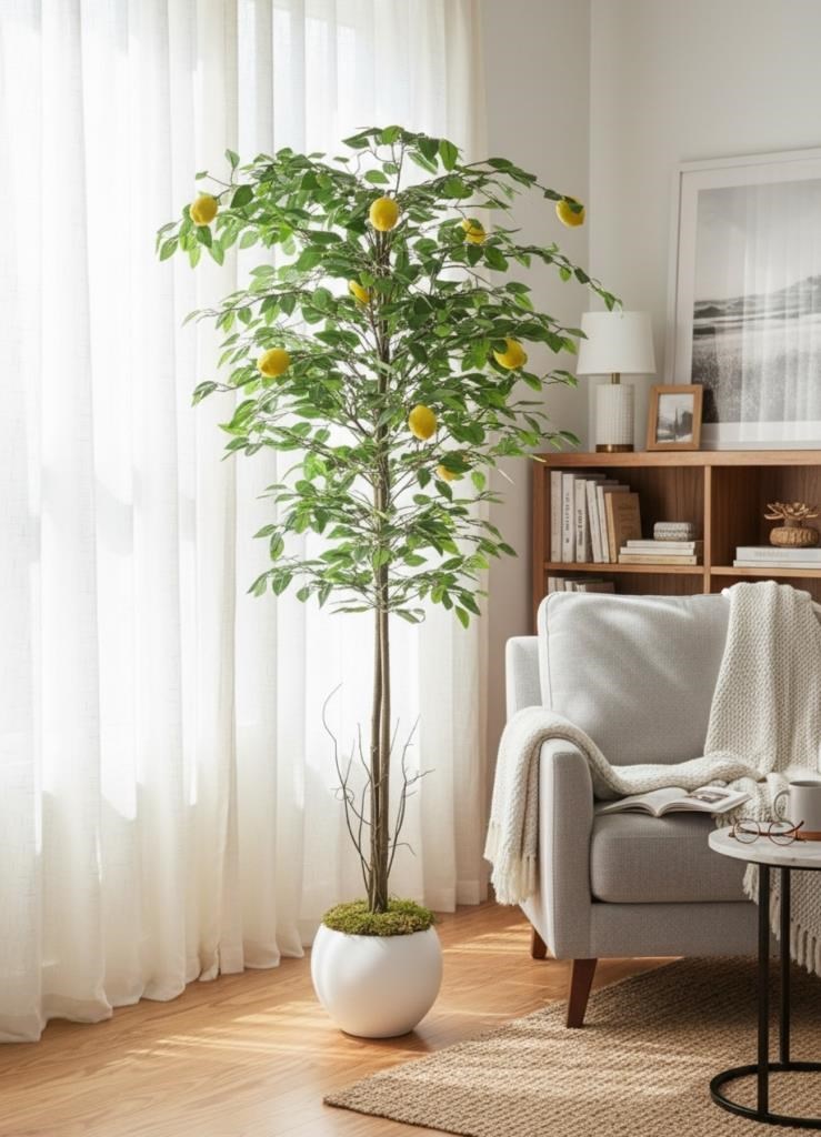 Yapay Limon Ağacı 160cm 10 Limonlu Doğal Görünümlü Beyaz Küre Plastik Saksılı Yapay Ağaç