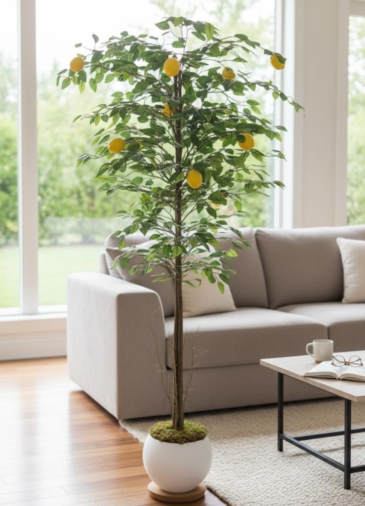 Yapay Limon Ağacı 160cm 10 Limonlu Doğal Görünümlü Beyaz Küre Plastik Saksılı Yapay Ağaç