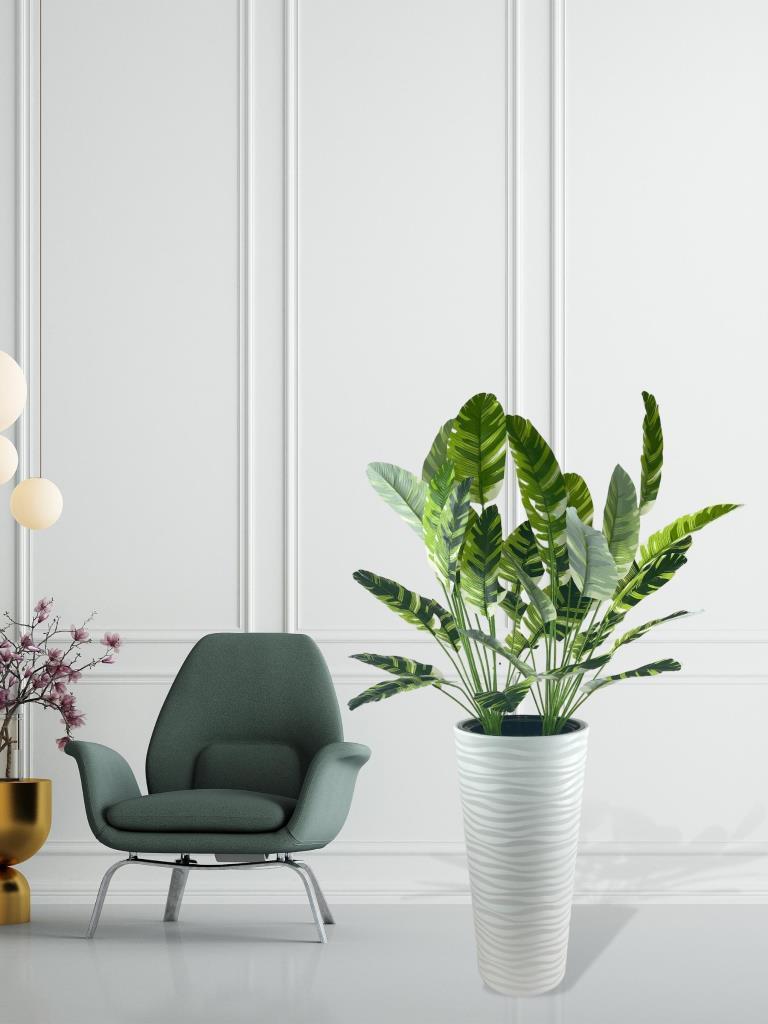 Yapay Starliçe Muz Desenli Yaprak Beyaz Uzun Kumsal Vazoda 140cm 36Yaprak