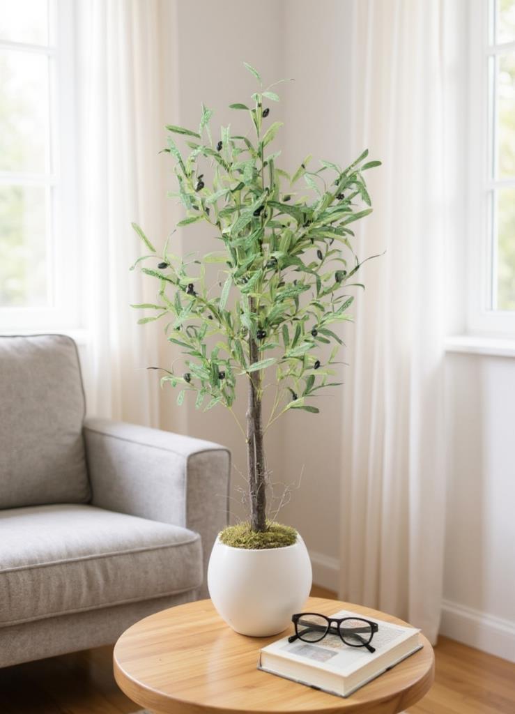 Yapay Zeytin Ağacı 130cm İki Gövdeli Beyaz Küre Saksıda Salex Doğal Gerçek Görünümlü Yapay Ağaç