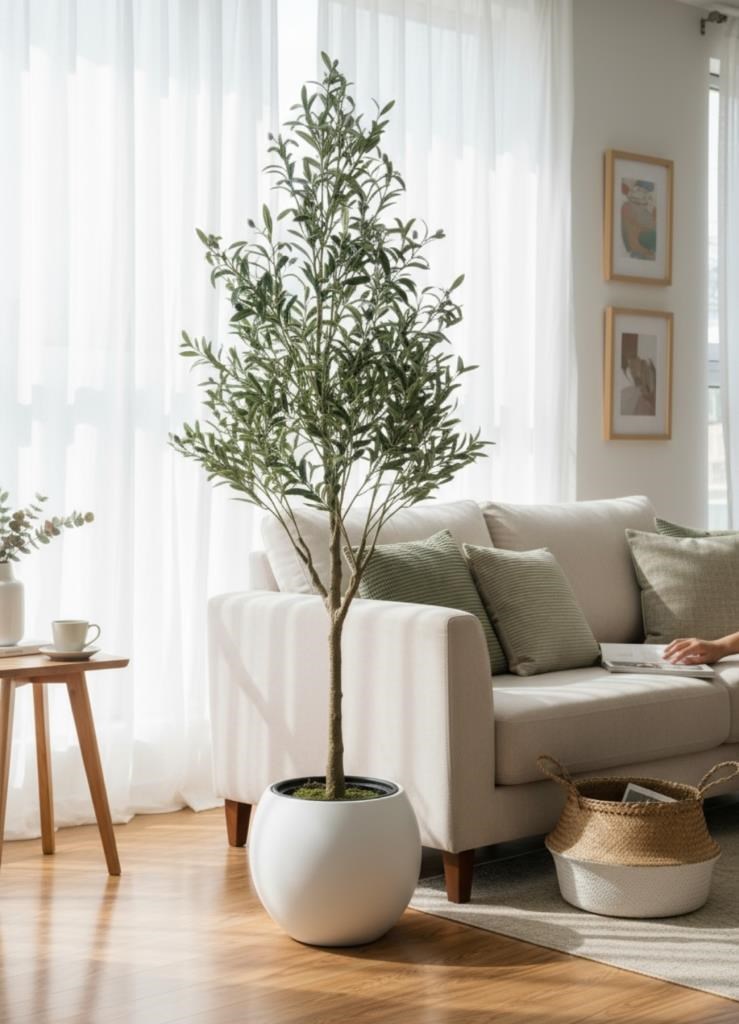 Yapay Zeytin Ağacı 185cm Doğal Görünümlü Yapay Ağaç Beyaz 30cm Küre Saksıda