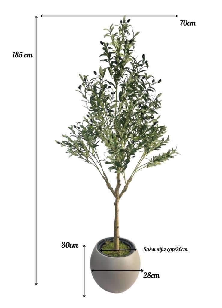 Yapay Zeytin Ağacı 185cm Doğal Görünümlü Yapay Ağaç Mokka Renk 30cm Küre Saksıda
