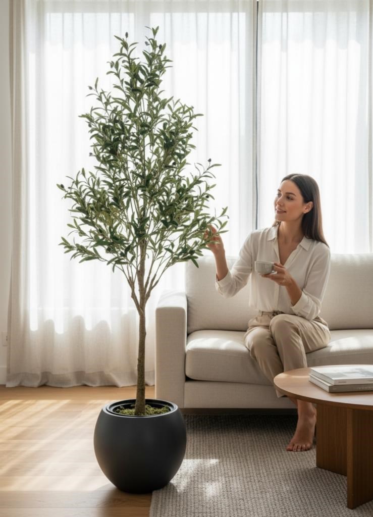 Yapay Zeytin Ağacı 185cm Doğal Görünümlü Yapay Ağaç Siyah 30cm Küre Saksıda
