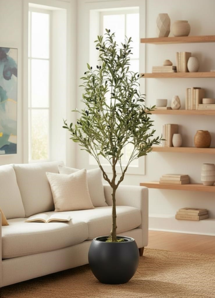 Yapay Zeytin Ağacı 185cm Doğal Görünümlü Yapay Ağaç Siyah 30cm Küre Saksıda