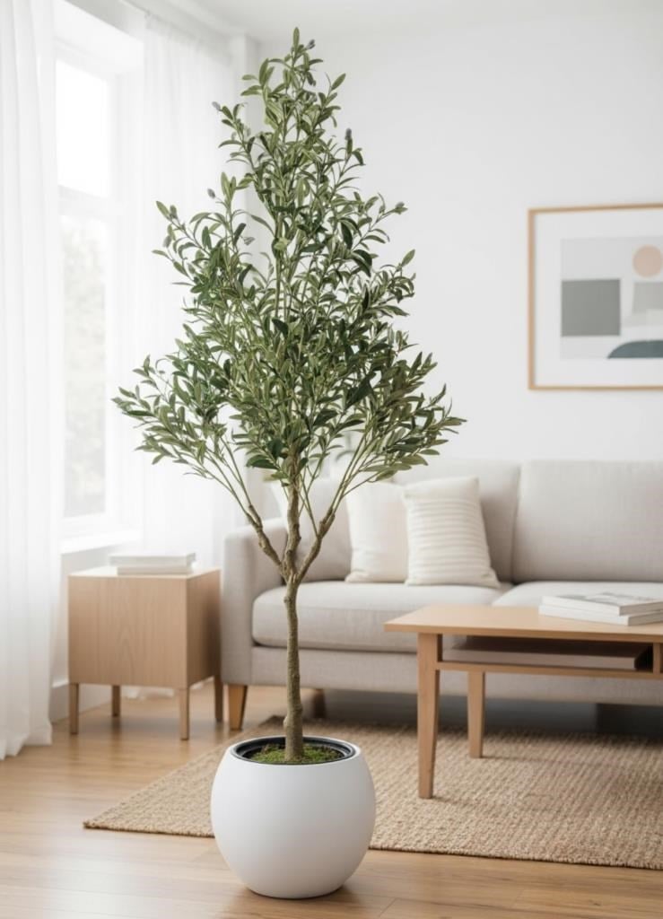 Yapay Zeytin Ağacı 185cm Doğal Görünümlü Yapay Ağaç Beyaz 30cm Küre Saksıda