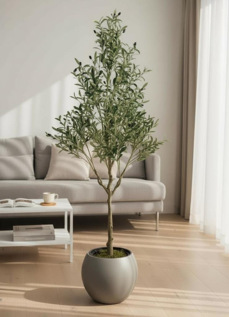 Yapay Zeytin Ağacı 185cm Doğal Görünümlü Yapay Ağaç Mokka Renk 30cm Küre Saksıda