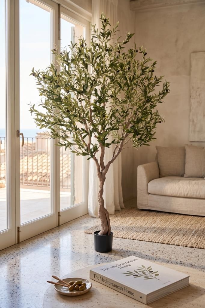 Yapay Zeytin Ağacı Doğal Kök Detaylı Büyük Dolgun Model Siyah Saksıda 190cm Yapay Ağaç
