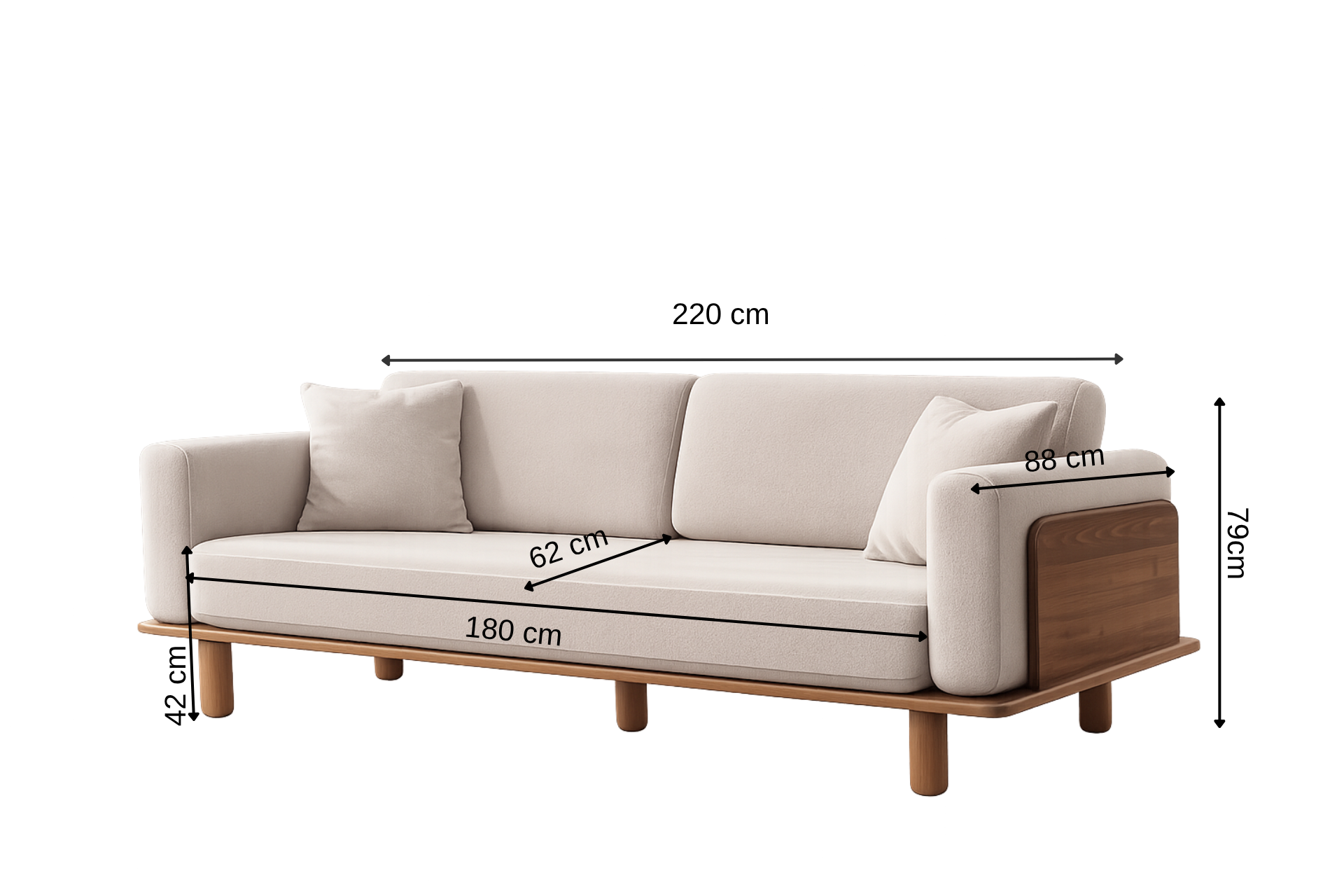 Diva-Sofa in Hellgrau, mit Gestell aus Walnussholz.