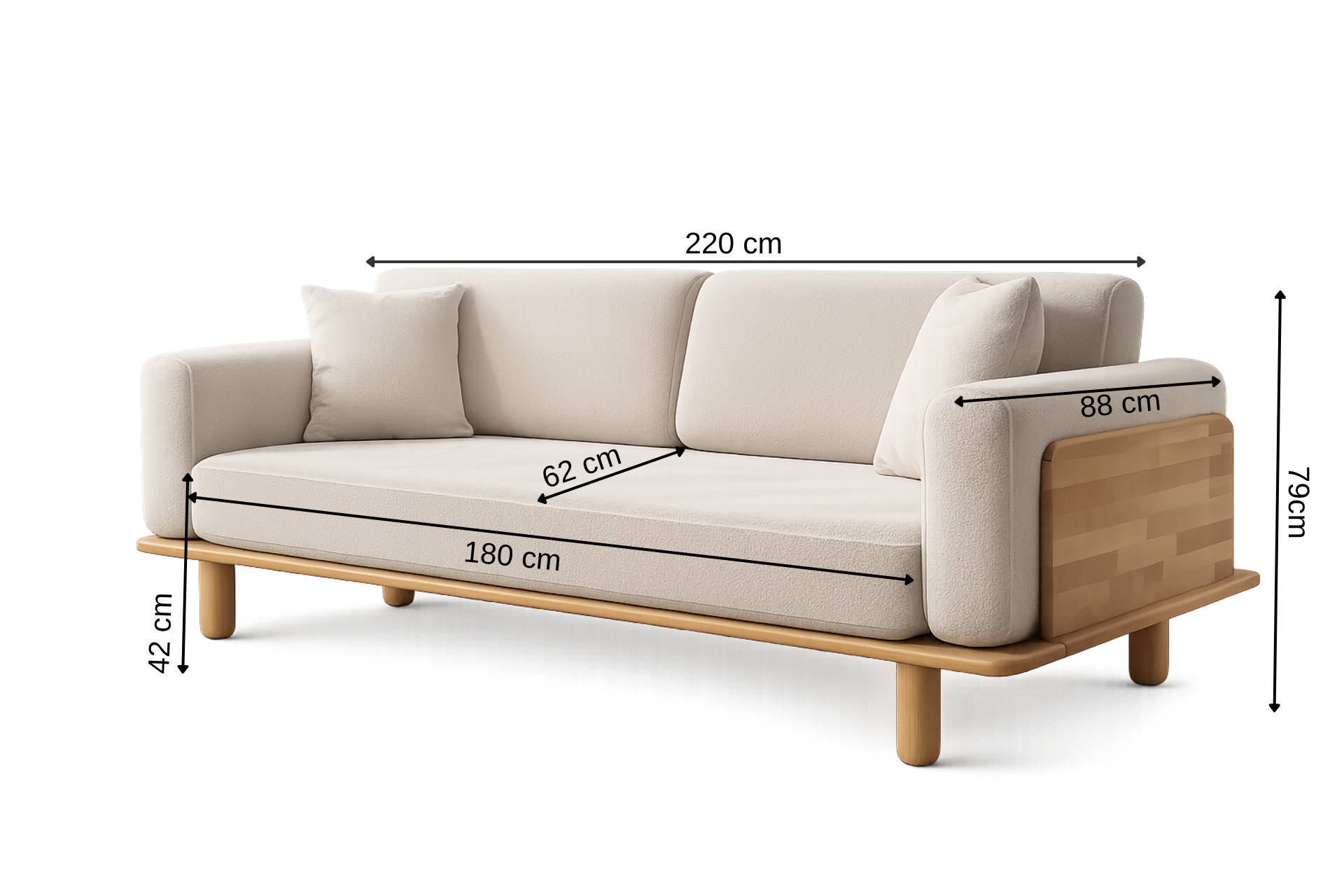 Diva Sofa, Hellgrau, Naturfarbenes Gestell