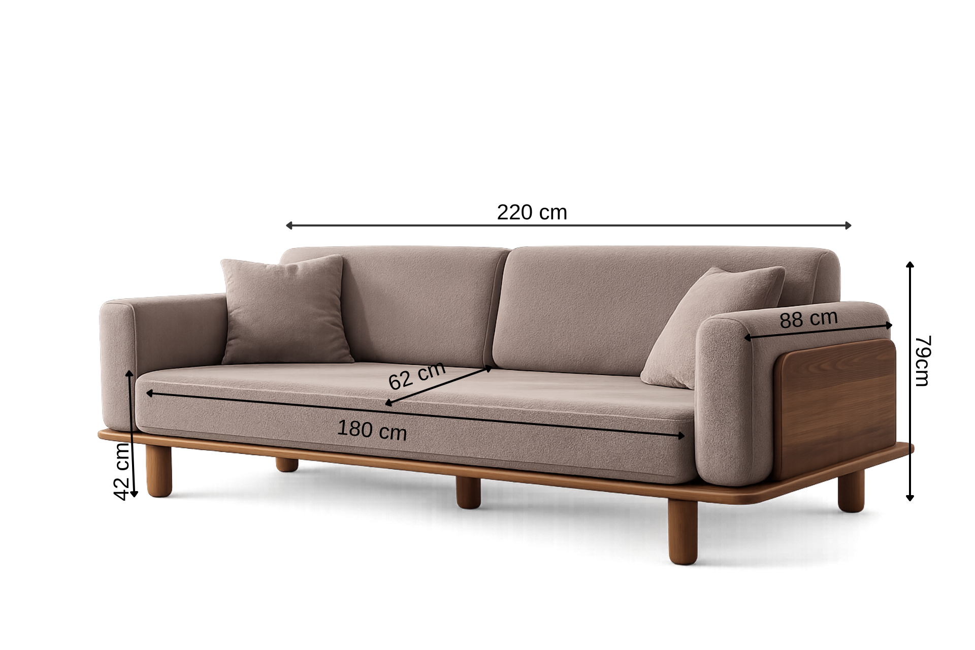 Sofa Diva in Anthrazit, mit einem Gestell aus Walnussholz.