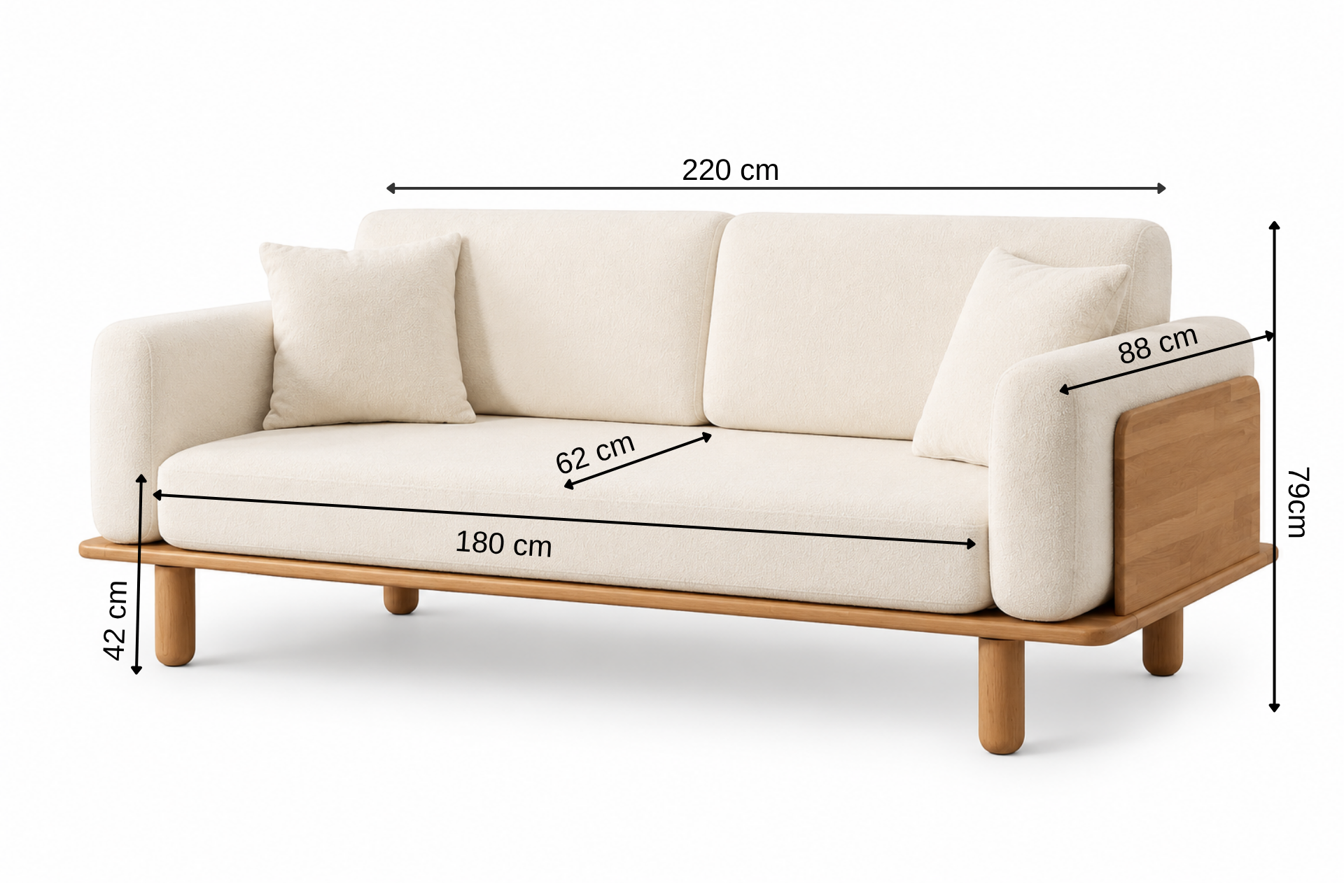 Diva Sofa Weiß, Naturfarbenes Gestell
