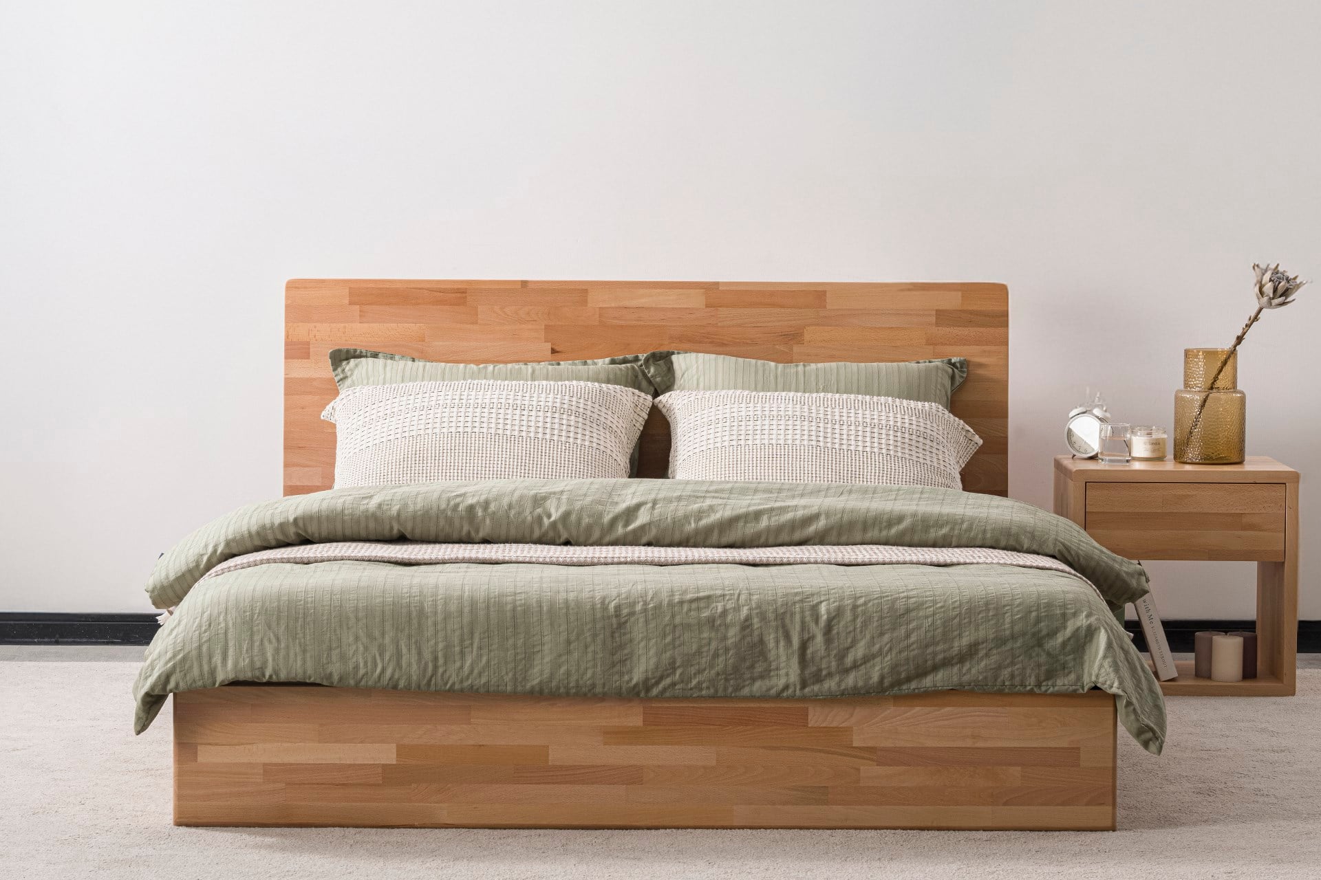 Nordik Masif Ahşap Karyola, Bazalı, Natural