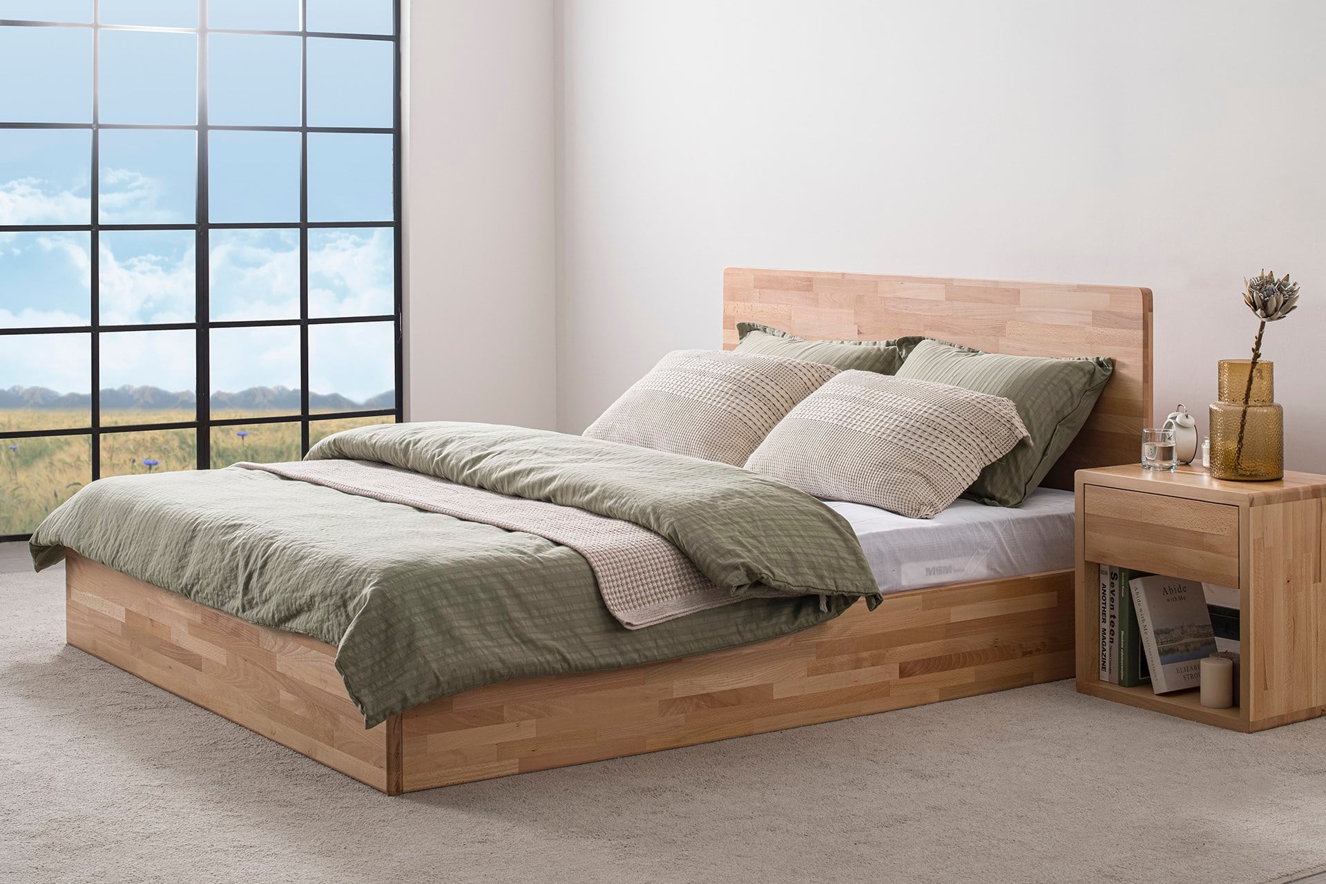 Nordik Masif Ahşap Karyola, Bazalı, Natural