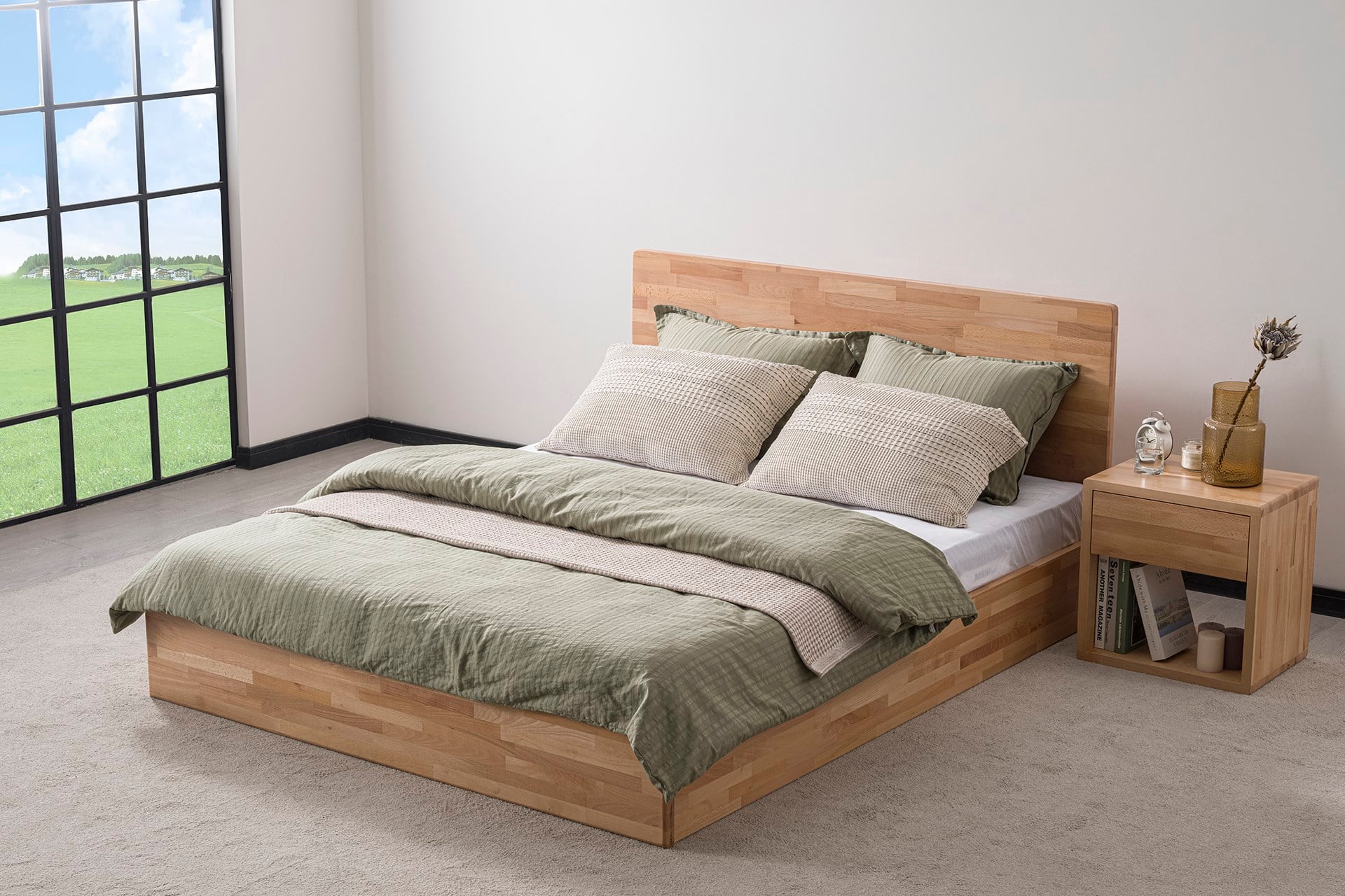 Nordik Masif Ahşap Karyola, Bazalı, Natural