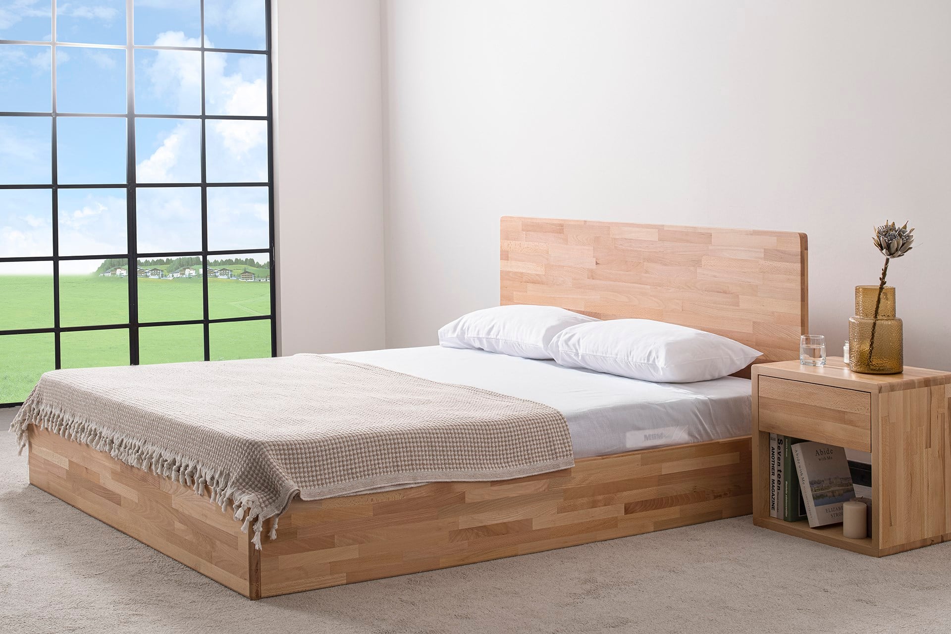Nordik Masif Ahşap Karyola, Bazalı, Natural