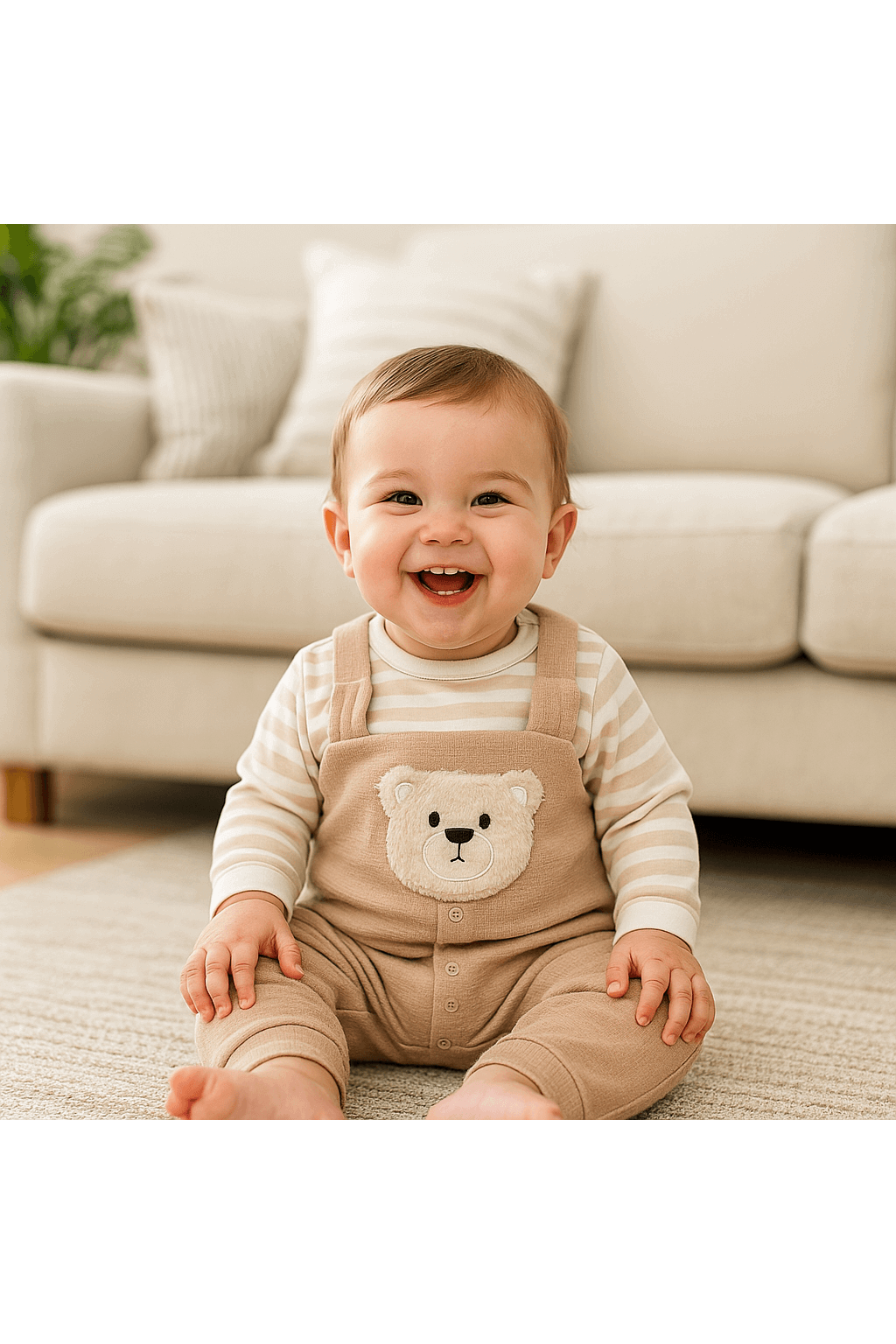 Peluş Ayı Figürlü Bej Tulum Takımı – Çizgili İçlikli Erkek Bebek Kıyafeti