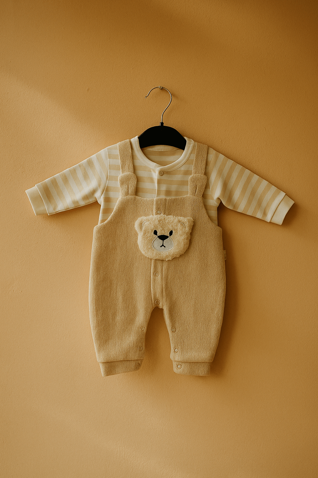 Peluş Ayı Figürlü Bej Tulum Takımı – Çizgili İçlikli Erkek Bebek Kıyafeti