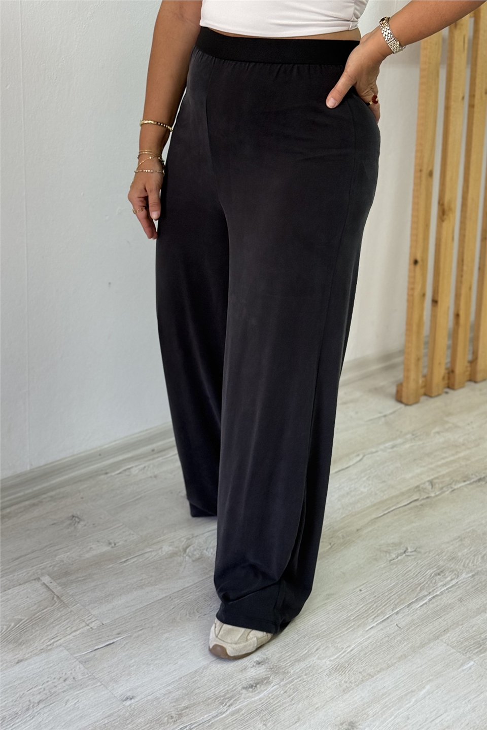 Antrasit Beli Lastikli Bol Paça PantolonAPNT20250990-ANTRASIT-S