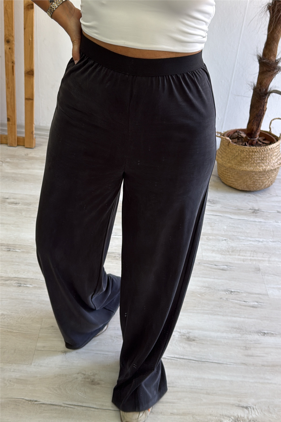 Antrasit Beli Lastikli Bol Paça PantolonAPNT20250990-ANTRASIT-S