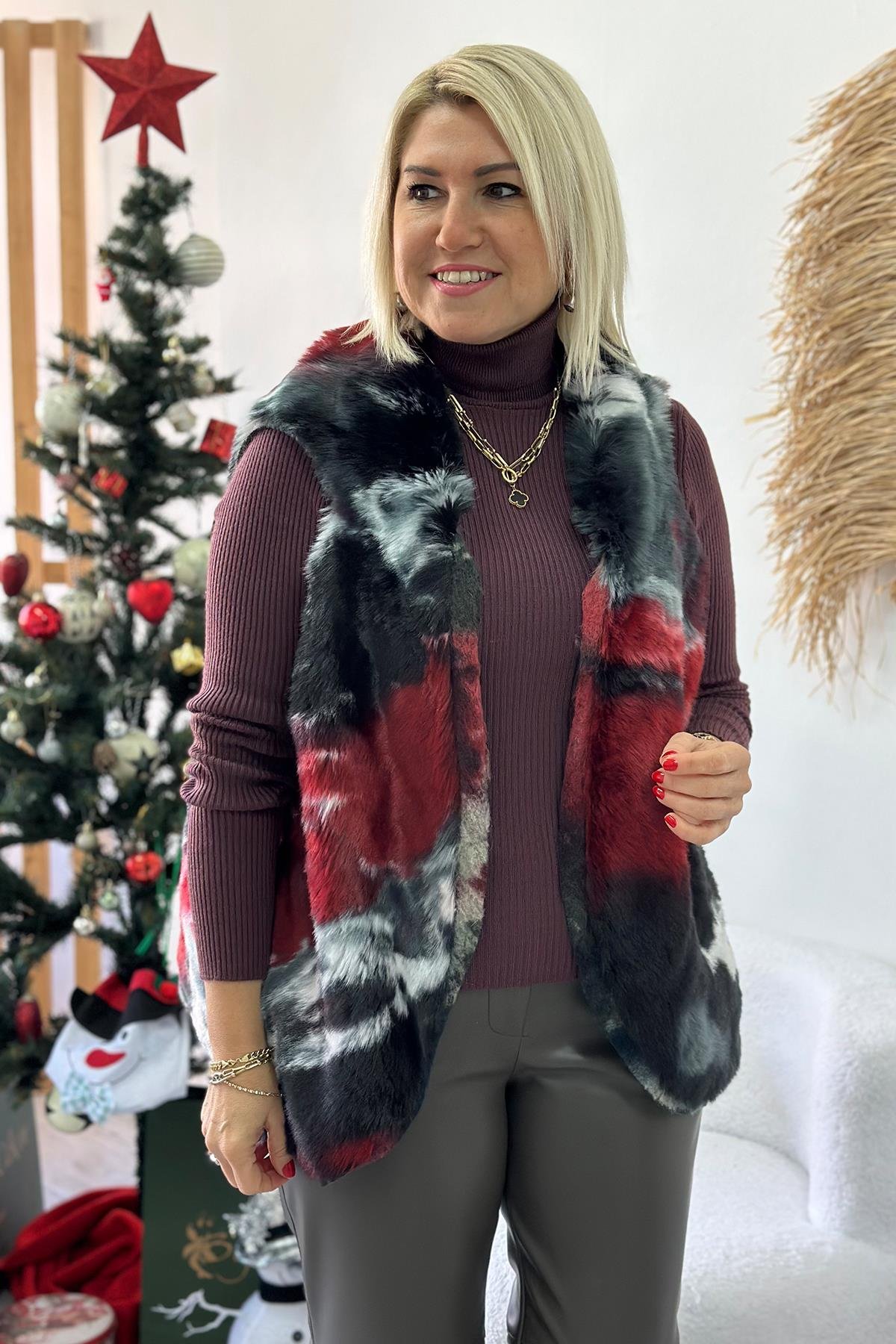 Antrasit İthal Desenli Kürk YelekDY24121810-ANTRASIT-STD