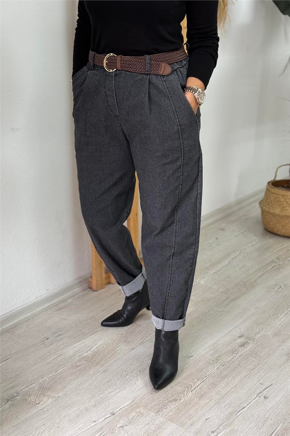 Antrasit Kemerli Dikiş Detaylı Beli Lastikli Lycralı Denim PantolonAPNT20250919-ANTRASIT-STD