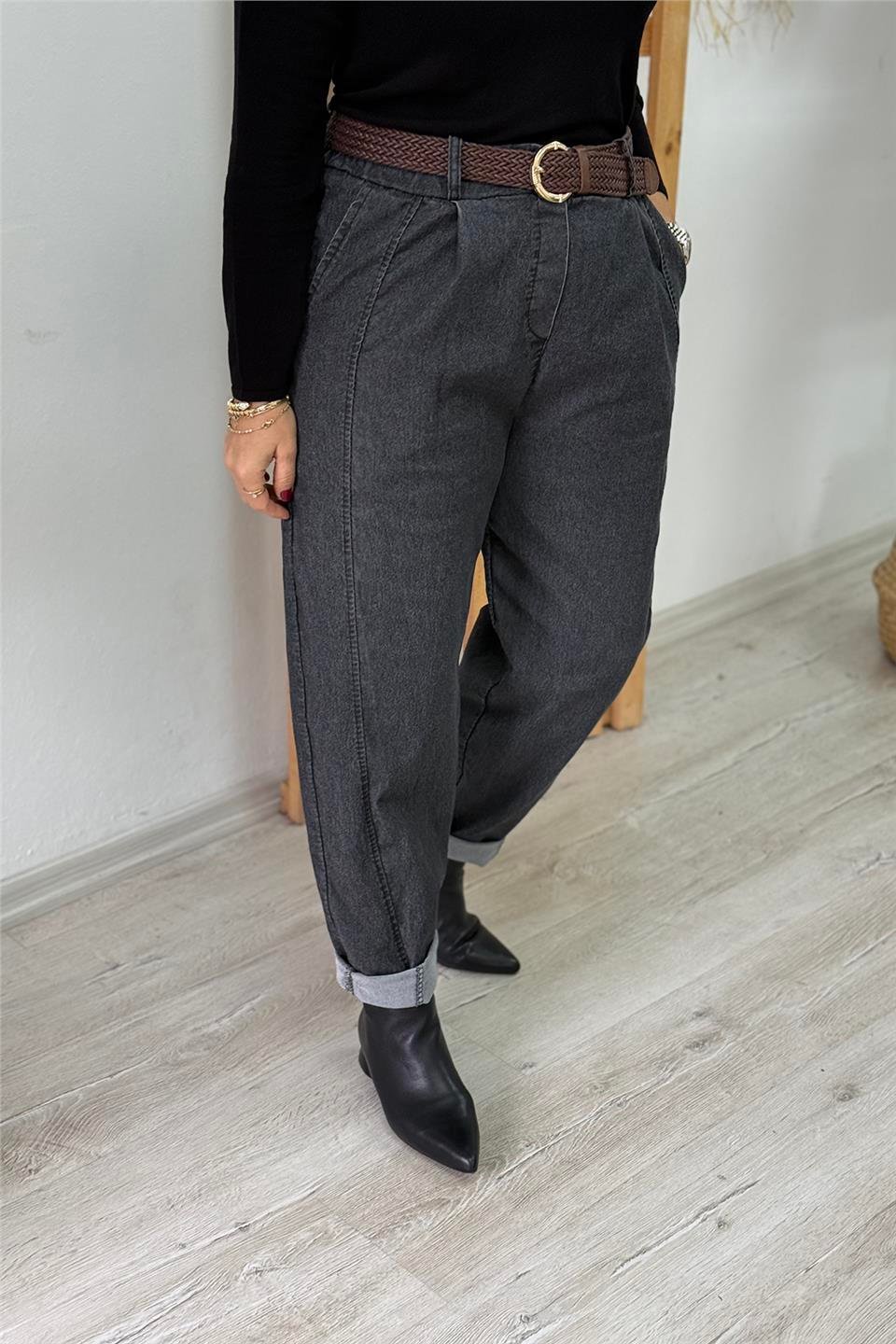 Antrasit Kemerli Dikiş Detaylı Beli Lastikli Lycralı Denim PantolonAPNT20250919-ANTRASIT-STD