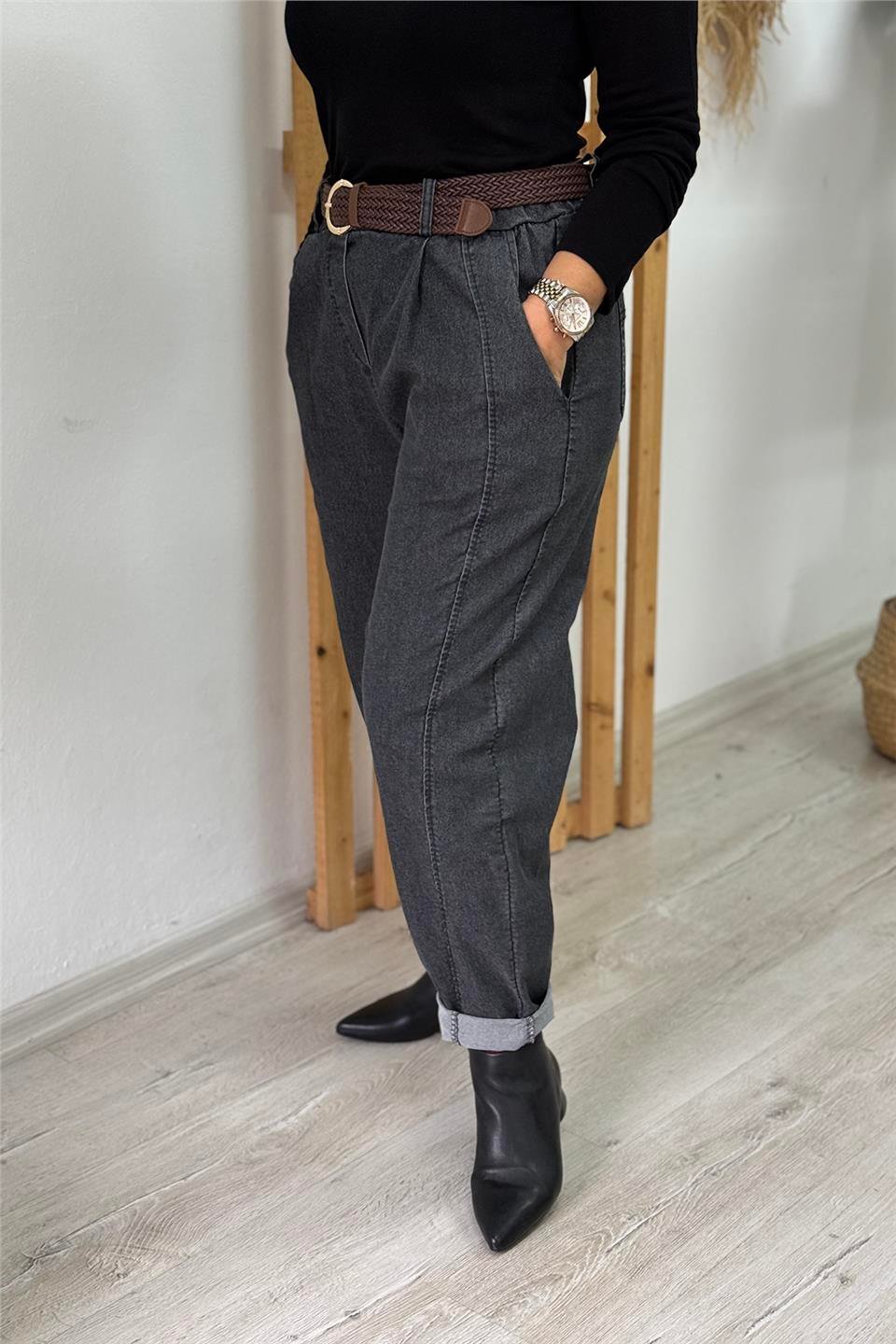 Antrasit Kemerli Dikiş Detaylı Beli Lastikli Lycralı Denim PantolonAPNT20250919-ANTRASIT-STD