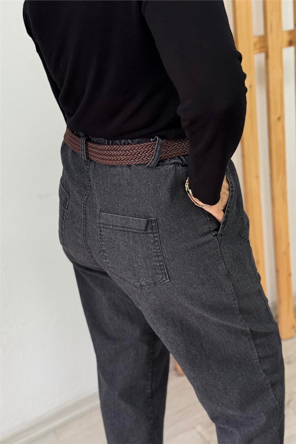 Antrasit Kemerli Dikiş Detaylı Beli Lastikli Lycralı Denim PantolonAPNT20250919-ANTRASIT-STD